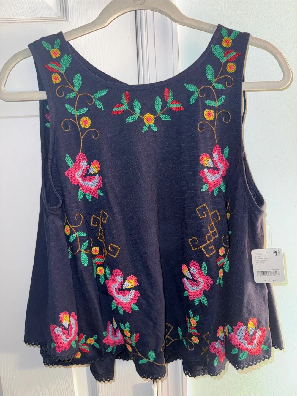 Free People Navy Embroidered Floral Tank with Pink Roses